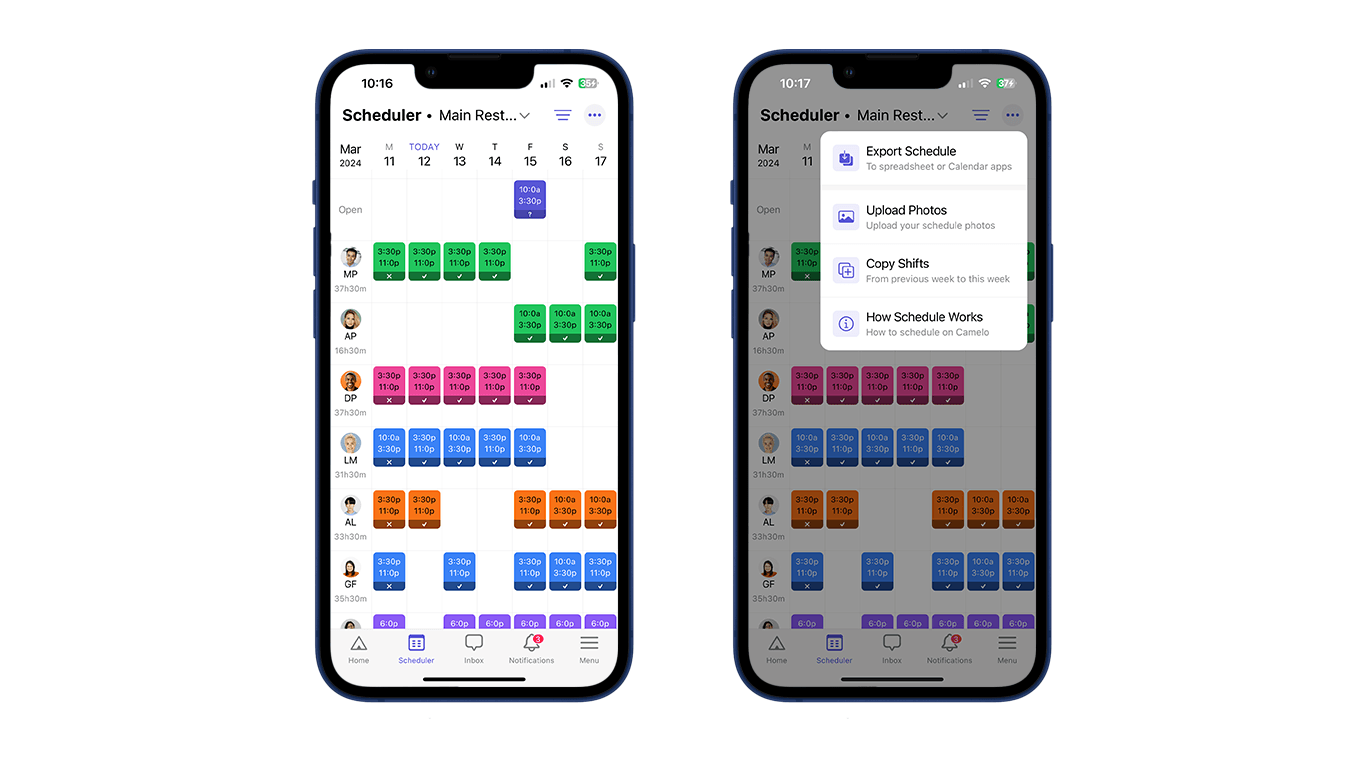 Scheduler tab on Camelo app