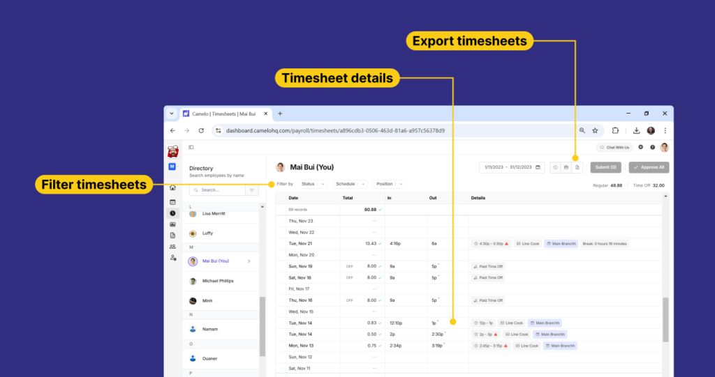 Timesheets on Camelo